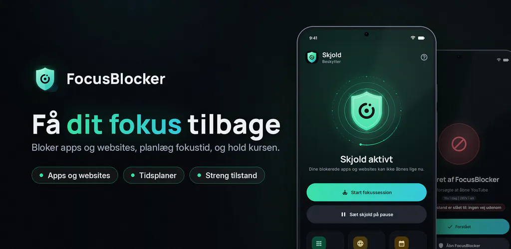 FocusBlocker: Bloker apps – Bloker apps og websites, planlæg fokustid og skær ned på din skærmtid