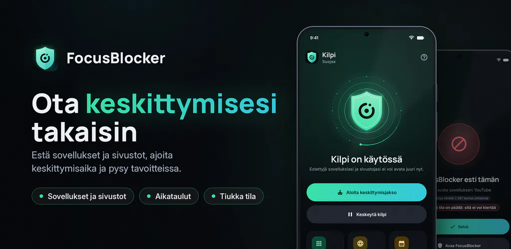 FocusBlocker: Estä sovellukset – Estä häiritsevät sovellukset ja sivut, ajasta keskittyminen, vähennä näyttöaikaa