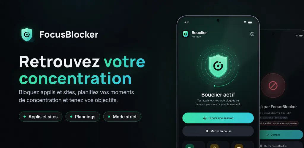 FocusBlocker : Bloqueur d'apps – Bloque applis et sites, planifie ta concentration et réduis ton temps d'écran