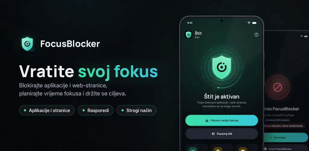 FocusBlocker: Blokada appova – Blokiraj aplikacije i web-stranice, planiraj fokus i smanji vrijeme na zaslonu