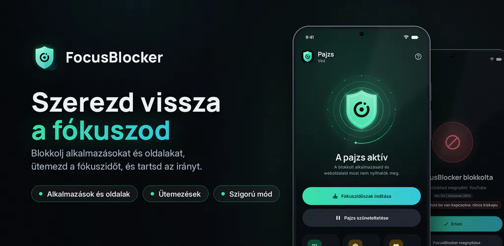 FocusBlocker: Appok blokkolása – Blokkolj appokat és weboldalakat, ütemezd a fókuszt, csökkentsd a képernyőidőt