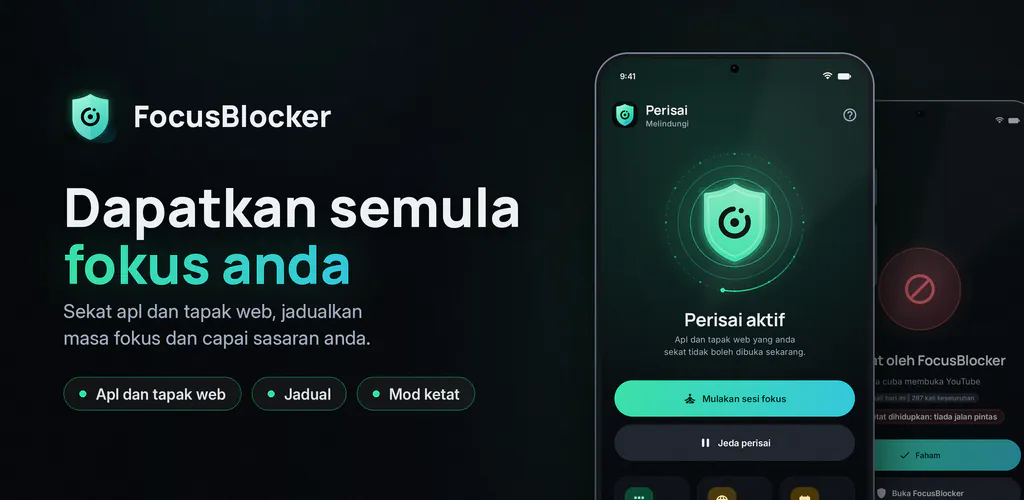 FocusBlocker: Penyekat Apl – Sekat apl dan tapak web yang mengganggu, jadualkan fokus, kurangkan masa skrin