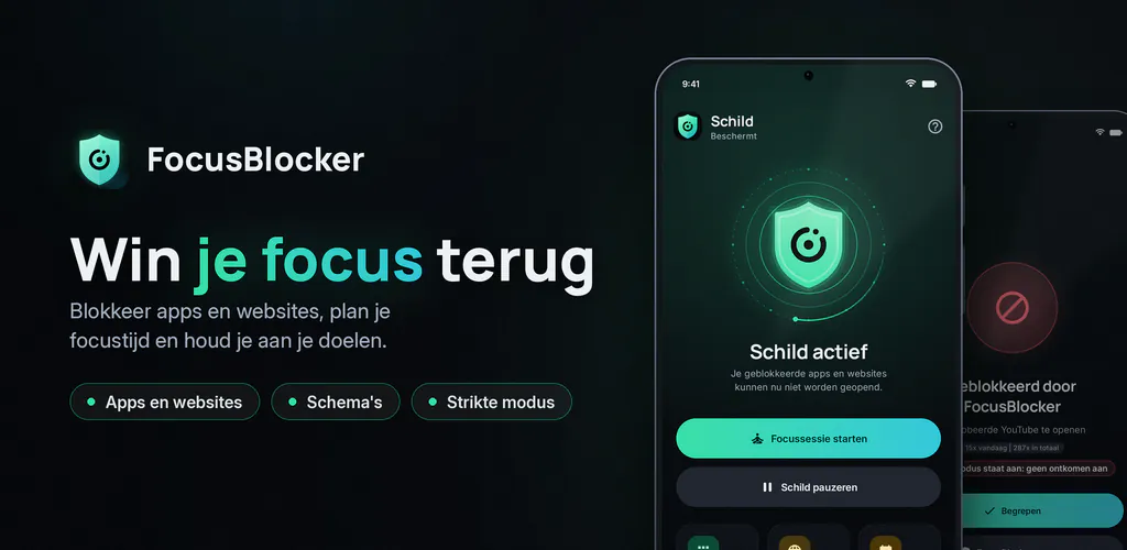 FocusBlocker: App Blocker – Apps en websites blokkeren, focustijd plannen en je schermtijd verminderen