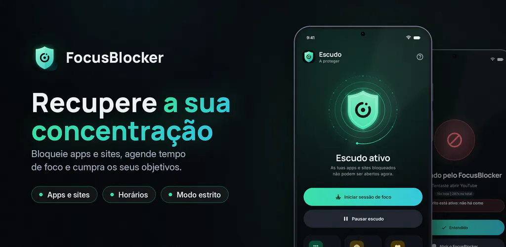 FocusBlocker: Bloquear apps – Bloqueia apps e sites, agenda horários de foco e reduz o tempo de ecrã
