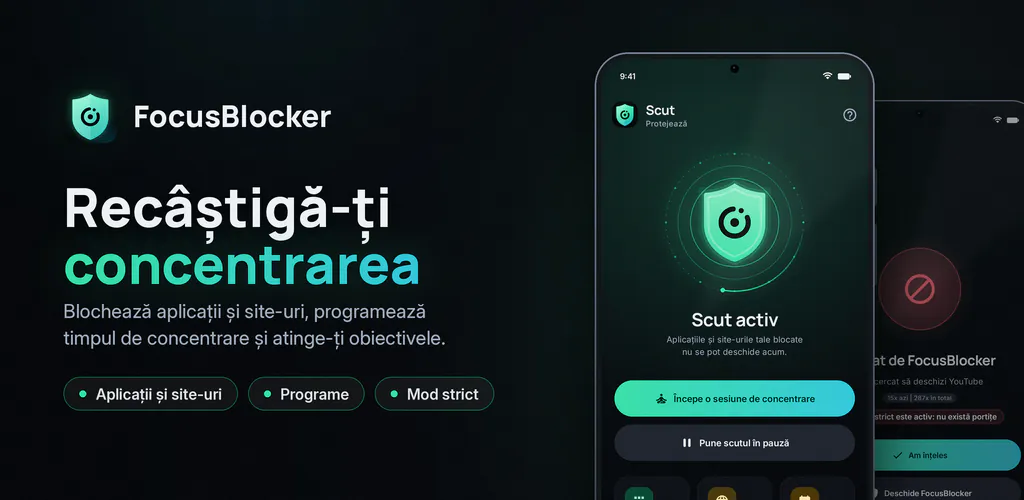 FocusBlocker: Blocare app-uri – Blochează aplicații și site-uri, programează concentrarea, scade timpul pe ecran