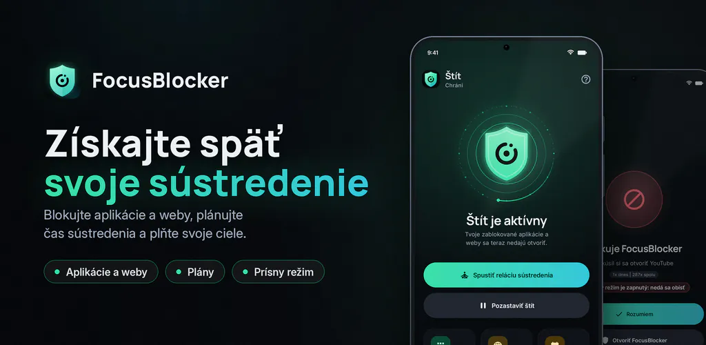 FocusBlocker: Blokuj aplikácie – Blokuj rušivé aplikácie a weby, naplánuj sústredenie a skráť čas pri obrazovke