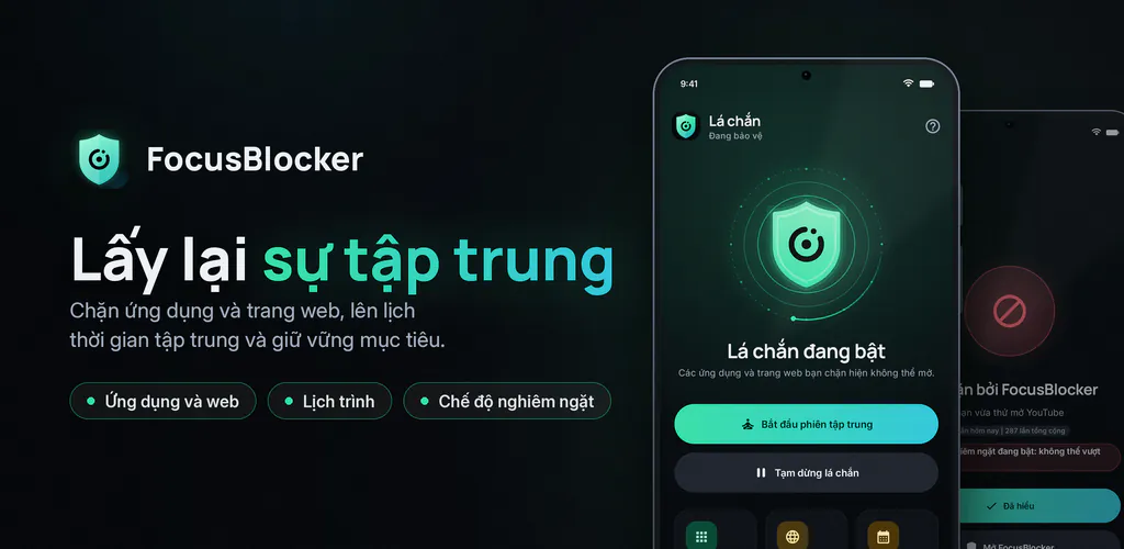 FocusBlocker: Chặn ứng dụng – Chặn ứng dụng, web gây xao nhãng, lên lịch tập trung, giảm thời gian màn hình