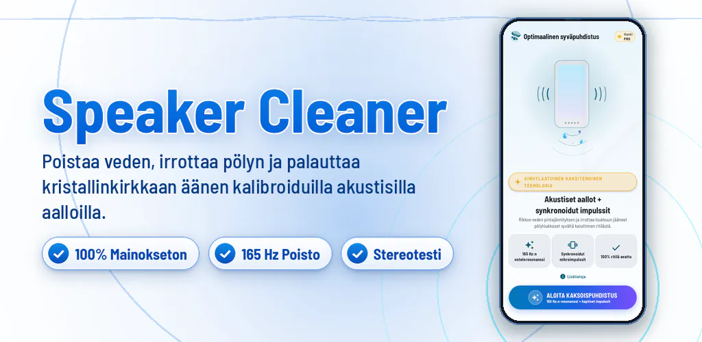 Kaiutin: Poista vesi ja pöly – Puhdista kaiutin, poista vesi ja pöly ääniaalloilla. 100% ilman mainoksia.