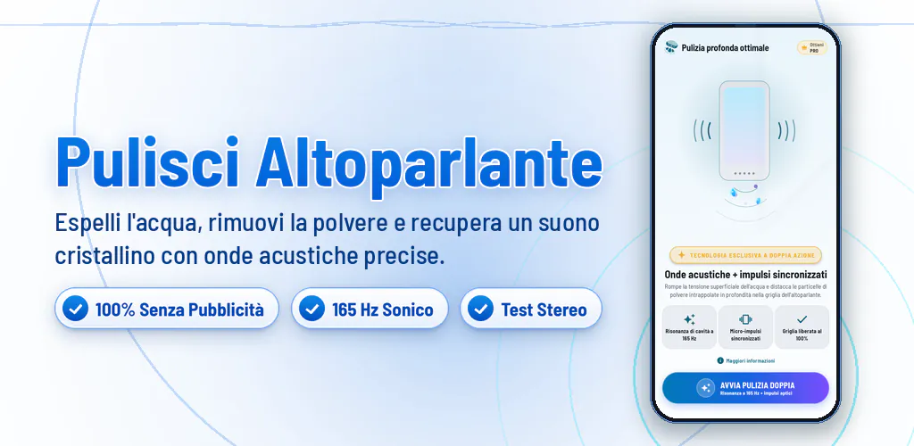 Altoparlante: Acqua e Polvere – Pulisci altoparlanti, espelli acqua e polvere con onde acustiche. Senza pub.